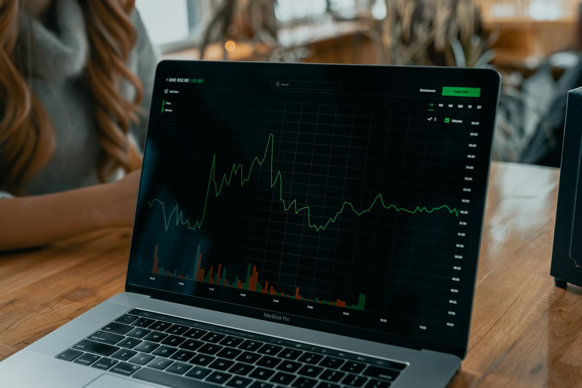 A laptop showing a single company share price through a trading session