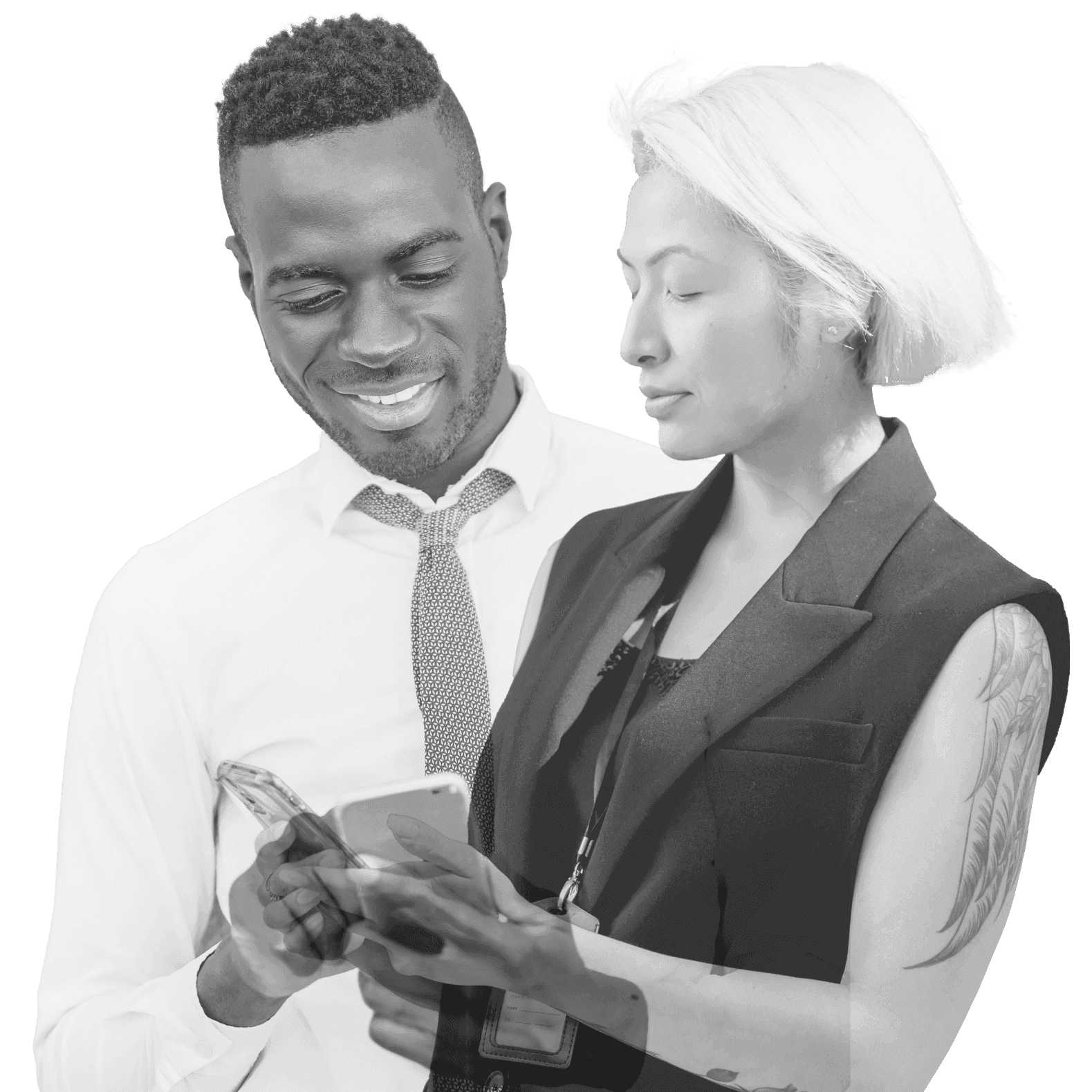 Two professionals reviewing markets together on a smartphone